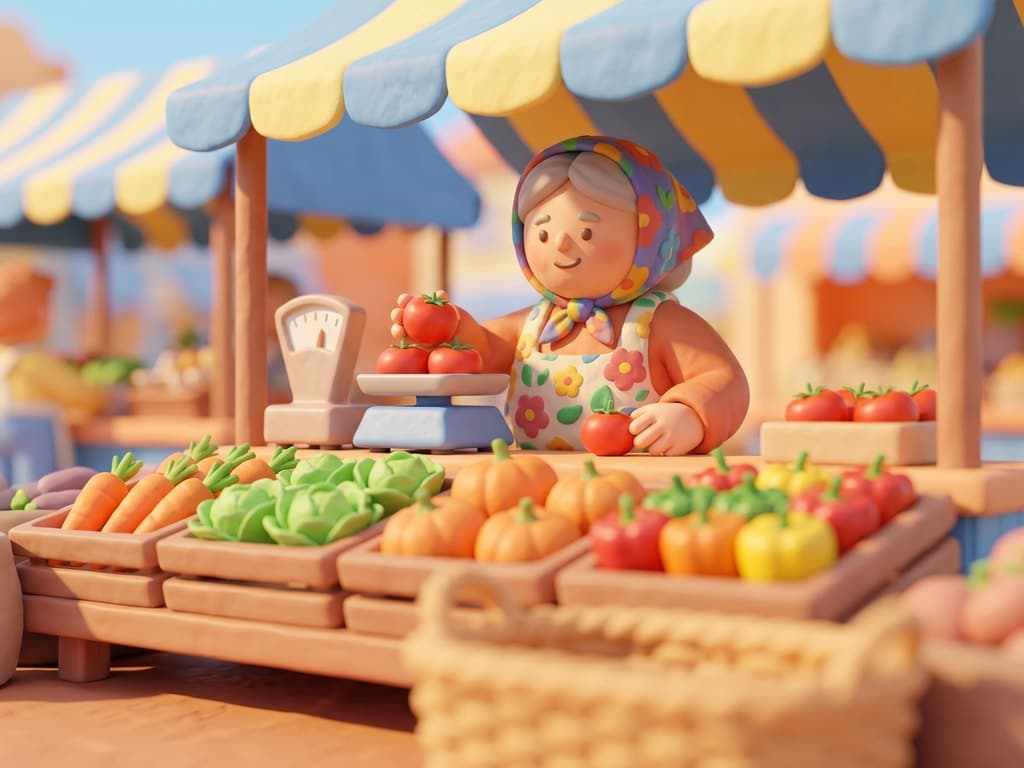 A market stall of fruit and vegetables with a vendor handing over a bag.
